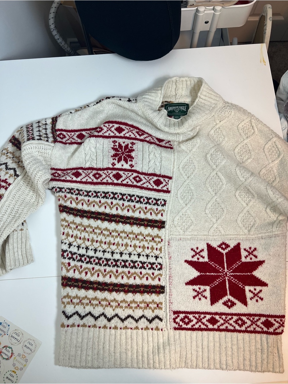 American Eagle Cozy Ivory Fair Isle Cable Turtleneck Sweater with Red Accents-L - Picture 3 of 6